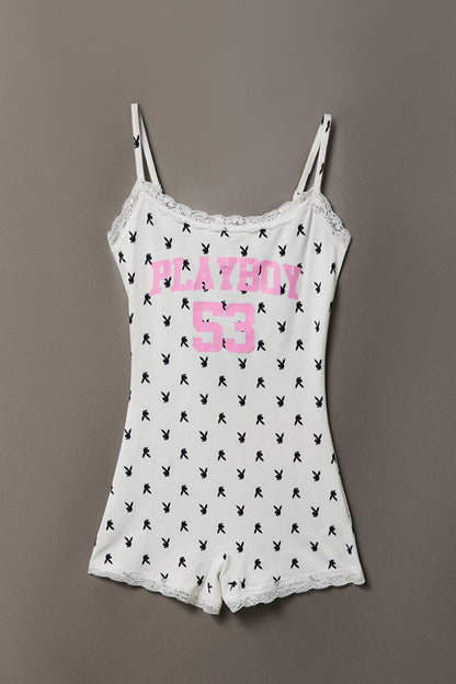Playboy Graphic Lace Trim Romper