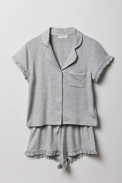 Ruffle Button-Up Top & Short Pajama Set
