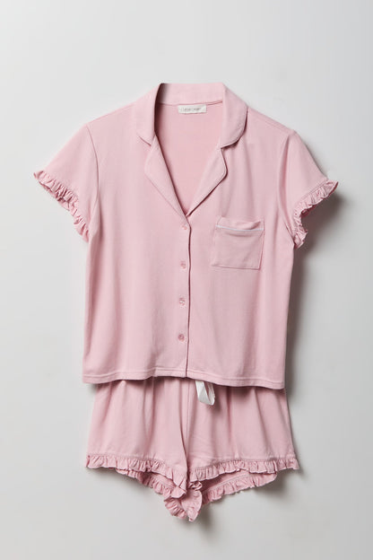 Ruffle Button-Up Top & Short Pajama Set