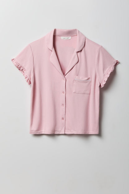 Ruffle Button-Up Top & Short Pajama Set