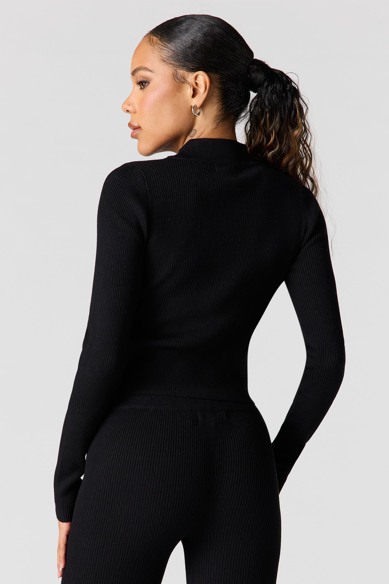 Ribbed 2-Way Zip-Up Long Sleeve Top