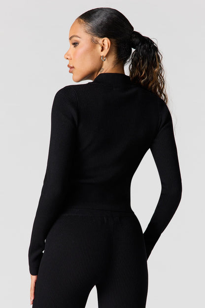 Ribbed 2-Way Zip-Up Long Sleeve Top