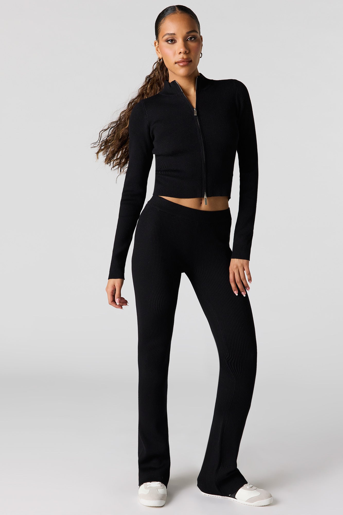 Ribbed 2-Way Zip-Up Long Sleeve Top