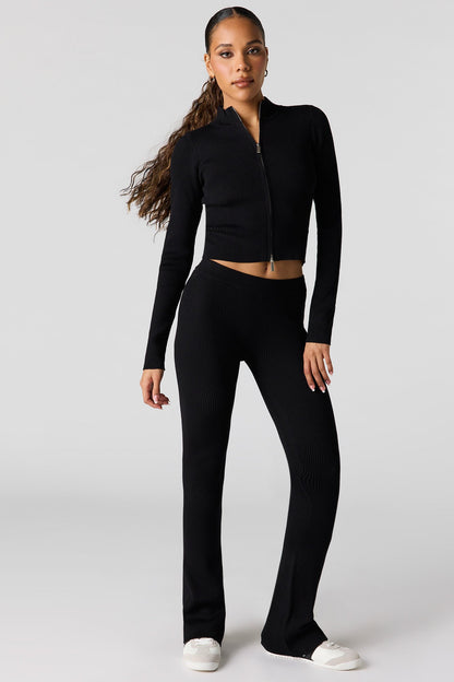 Ribbed 2-Way Zip-Up Long Sleeve Top
