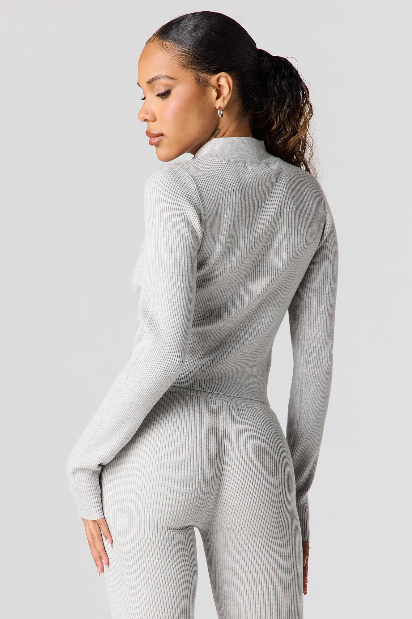 Ribbed 2-Way Zip-Up Long Sleeve Top