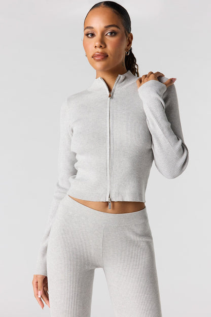 Ribbed 2-Way Zip-Up Long Sleeve Top
