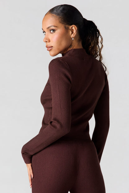 Ribbed 2-Way Zip-Up Long Sleeve Top