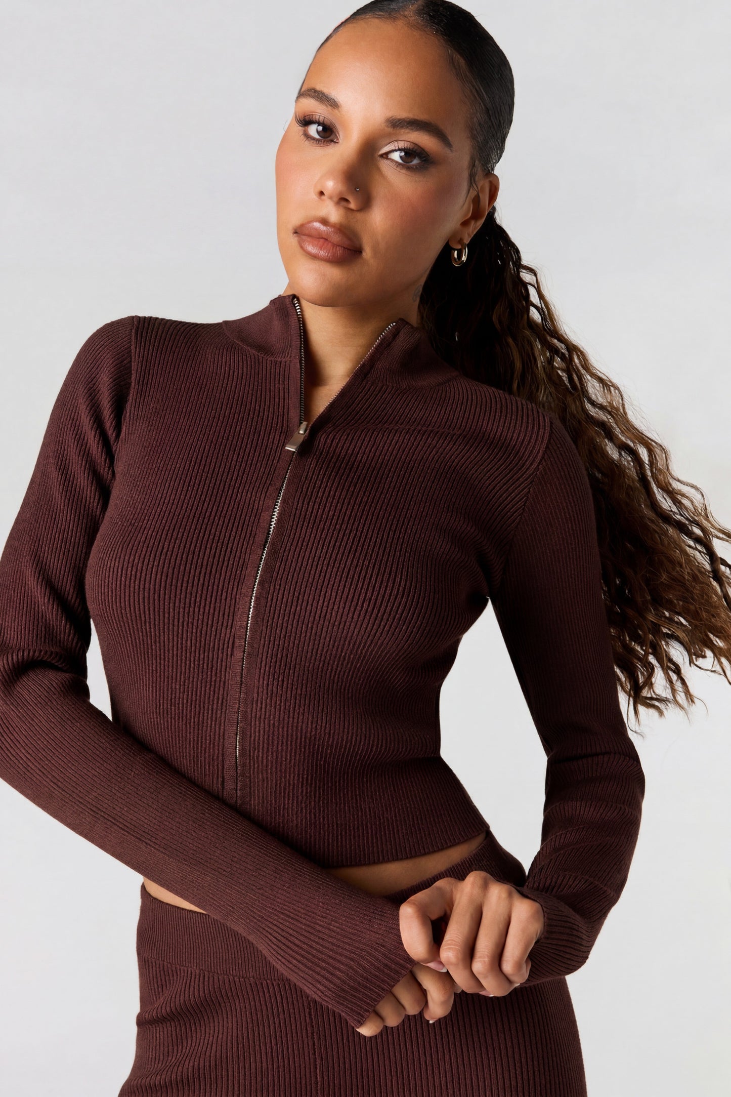 Ribbed 2-Way Zip-Up Long Sleeve Top