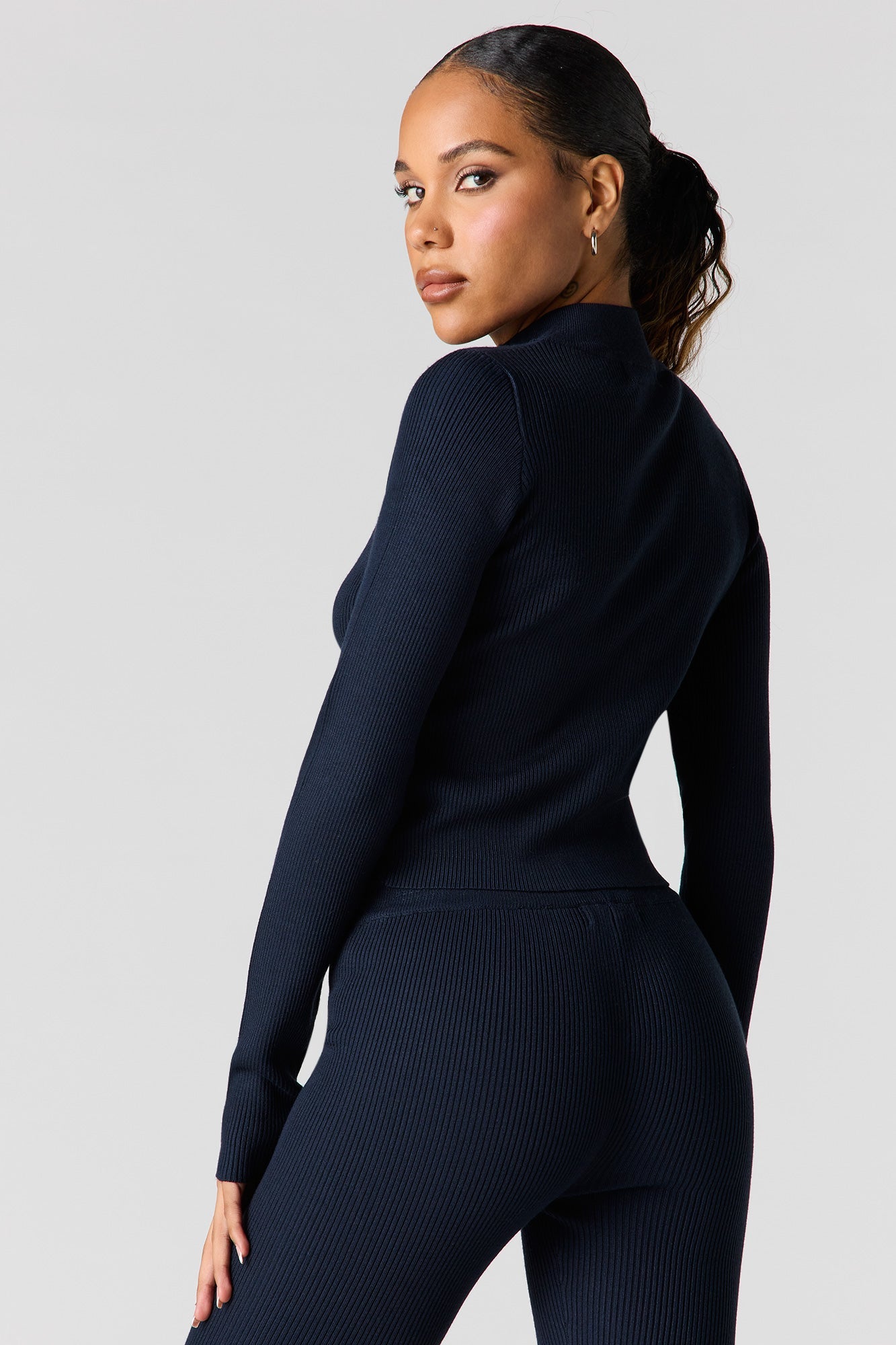 Ribbed 2-Way Zip-Up Long Sleeve Top