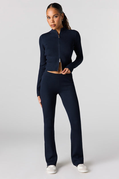 Ribbed 2-Way Zip-Up Long Sleeve Top