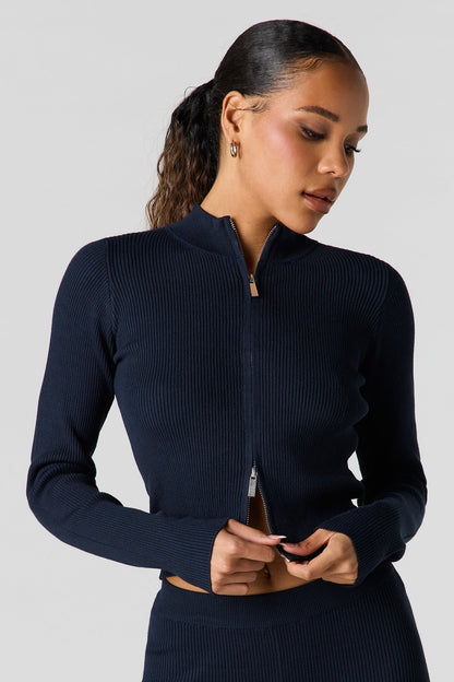 Ribbed 2-Way Zip-Up Long Sleeve Top