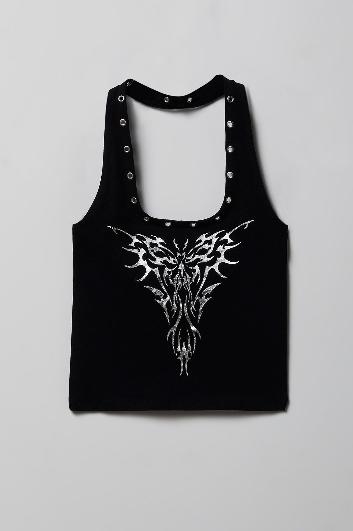 Graphic Grommet Trim Halter Top