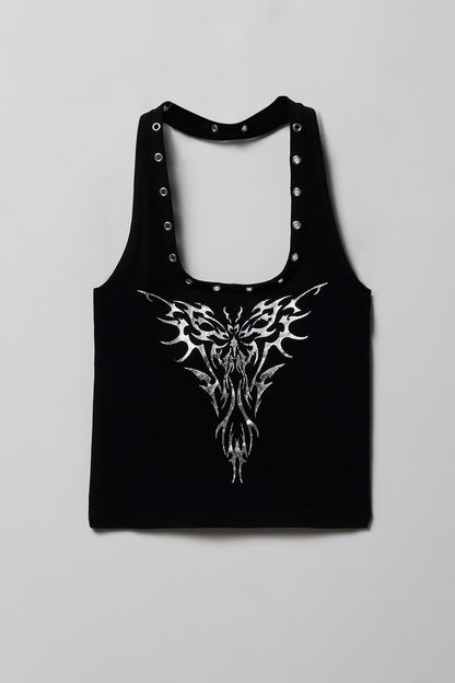Graphic Grommet Trim Halter Top
