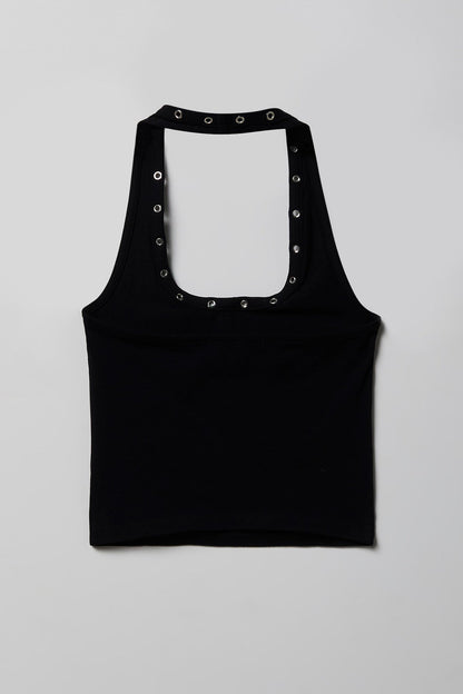 Graphic Grommet Trim Halter Top