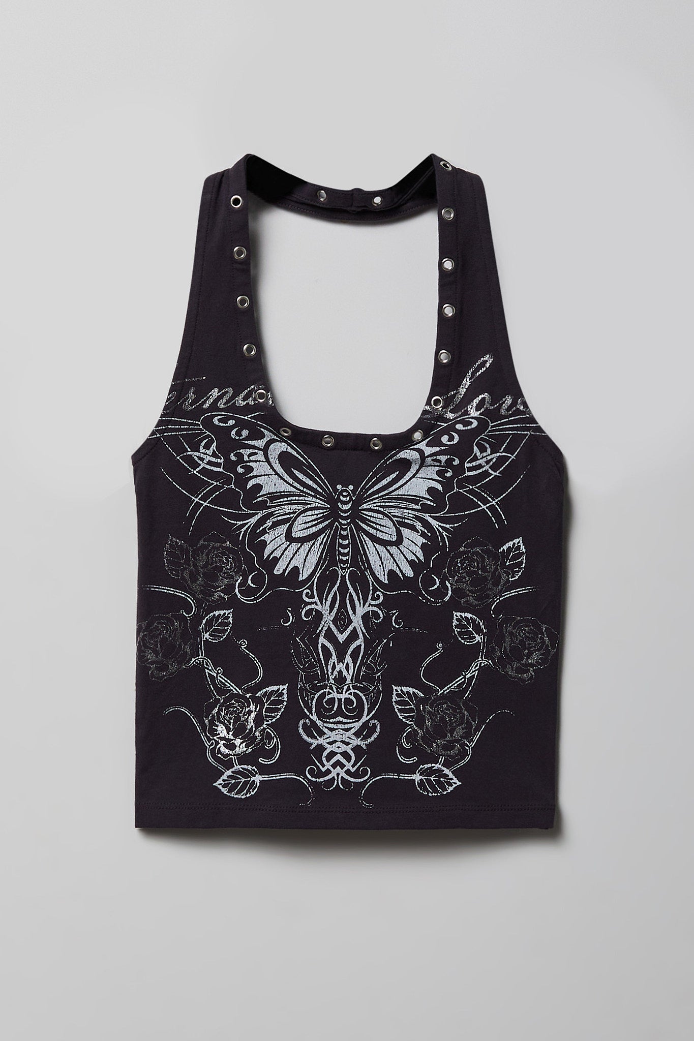 Graphic Grommet Trim Halter Top