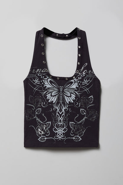 Graphic Grommet Trim Halter Top