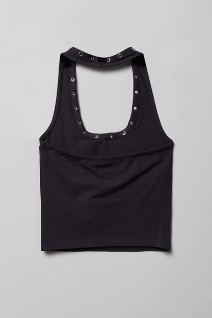 Graphic Grommet Trim Halter Top