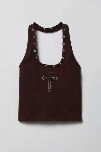 Graphic Grommet Trim Halter Top