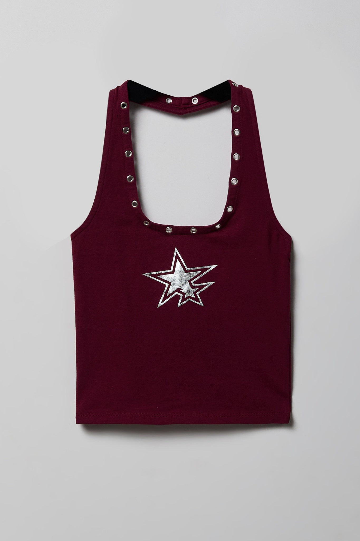 Graphic Grommet Trim Halter Top