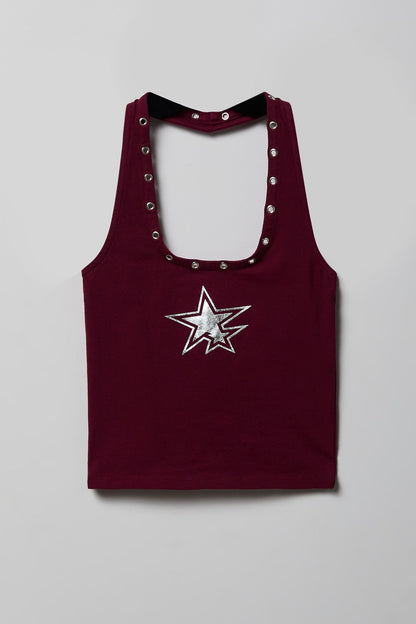Graphic Grommet Trim Halter Top