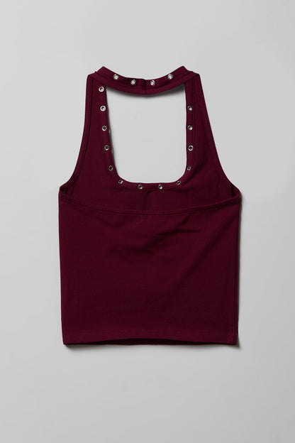Graphic Grommet Trim Halter Top