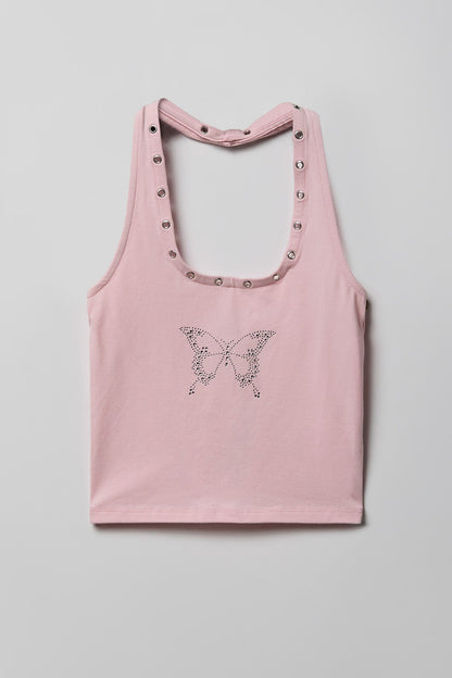 Graphic Grommet Trim Halter Top