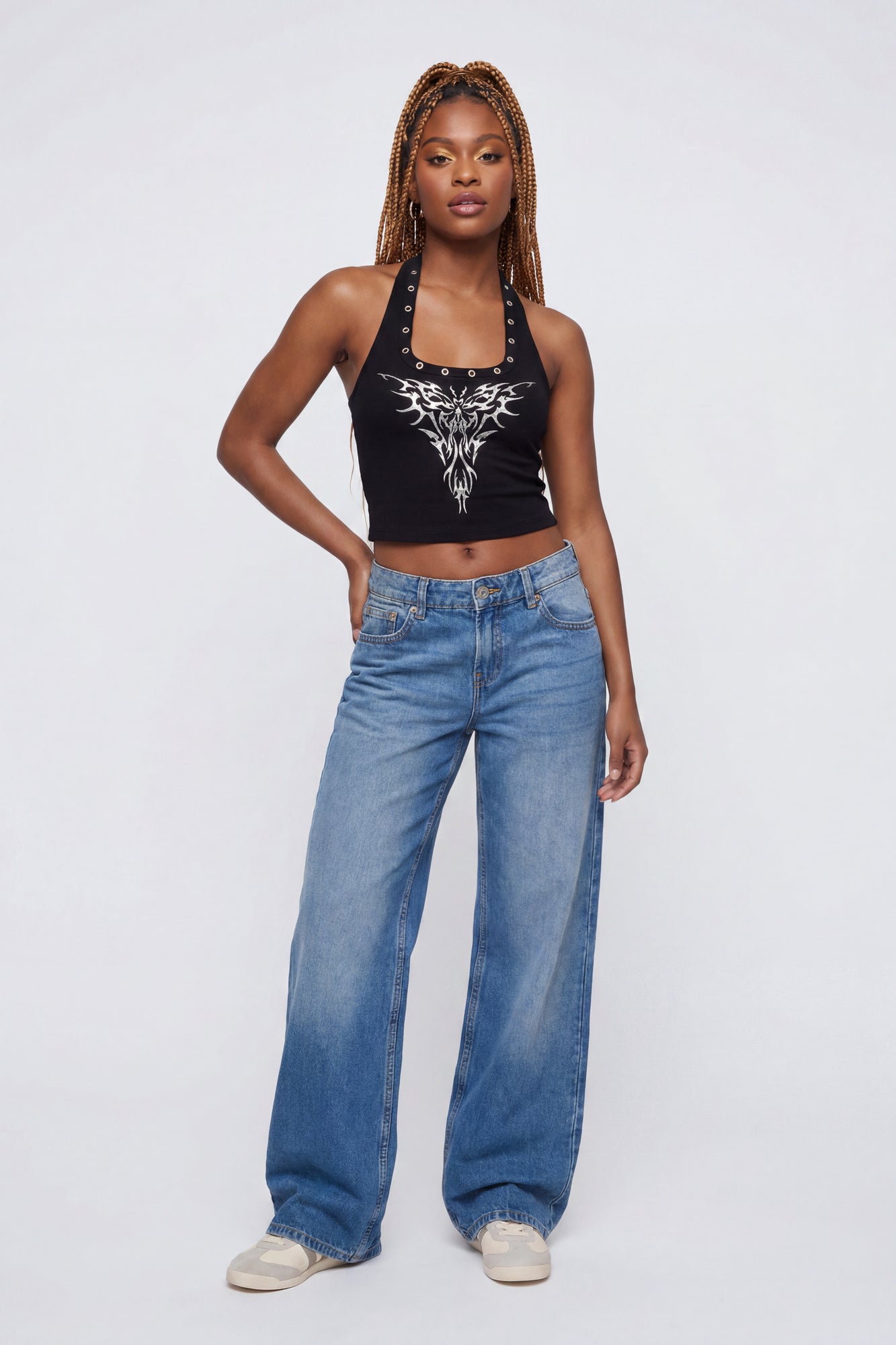 Graphic Grommet Trim Halter Top