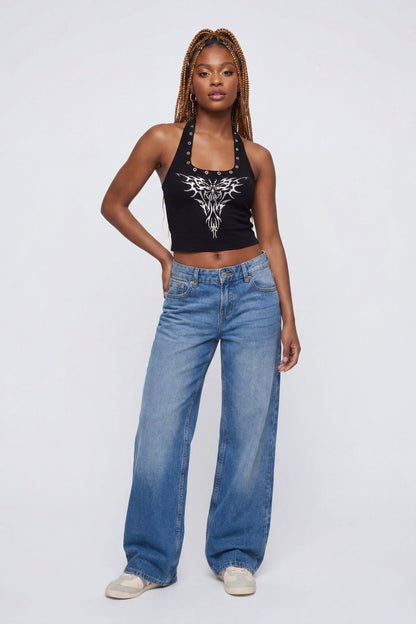 Graphic Grommet Trim Halter Top