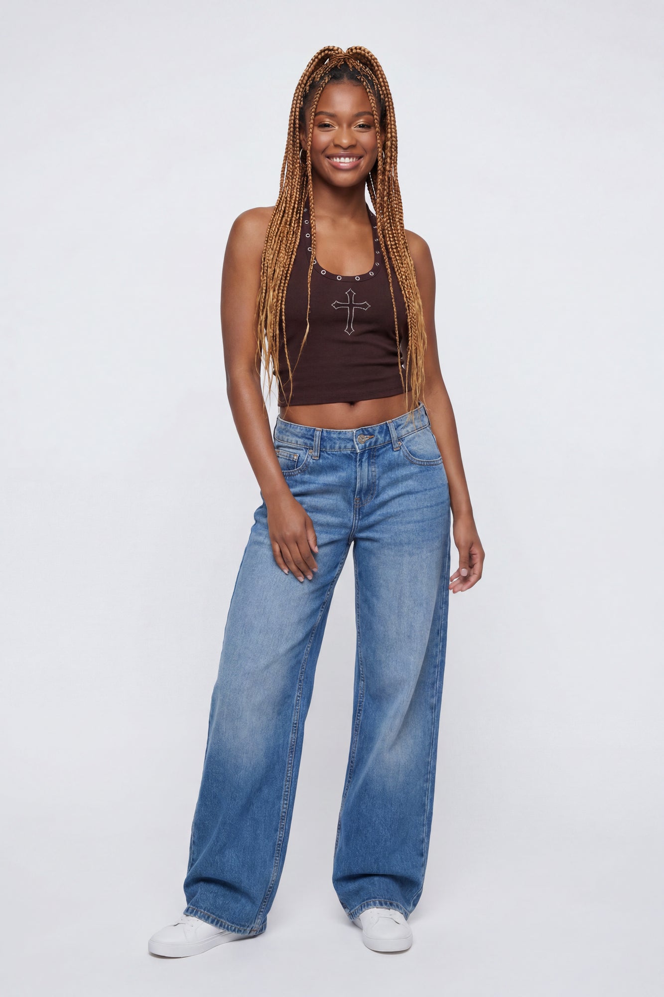 Graphic Grommet Trim Halter Top