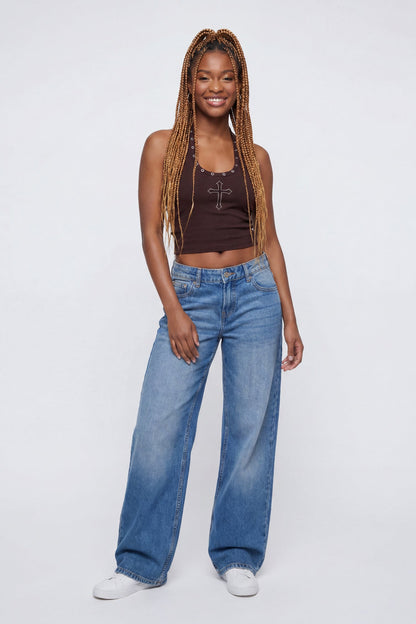 Graphic Grommet Trim Halter Top
