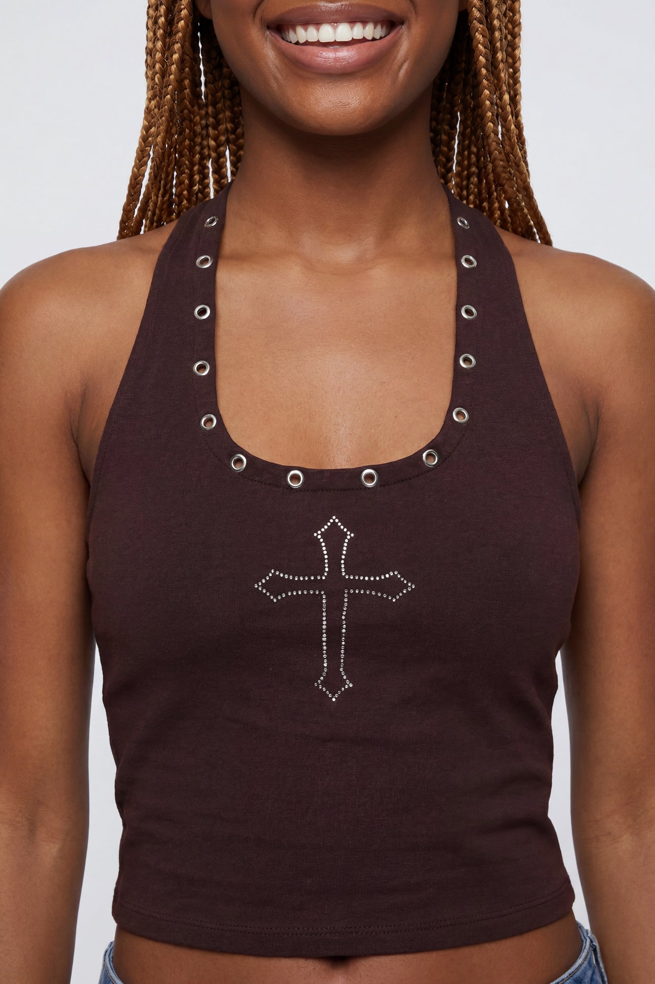 Graphic Grommet Trim Halter Top