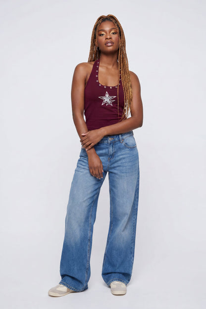 Graphic Grommet Trim Halter Top