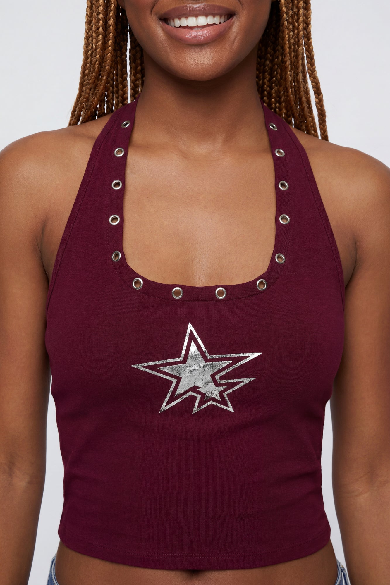 Graphic Grommet Trim Halter Top