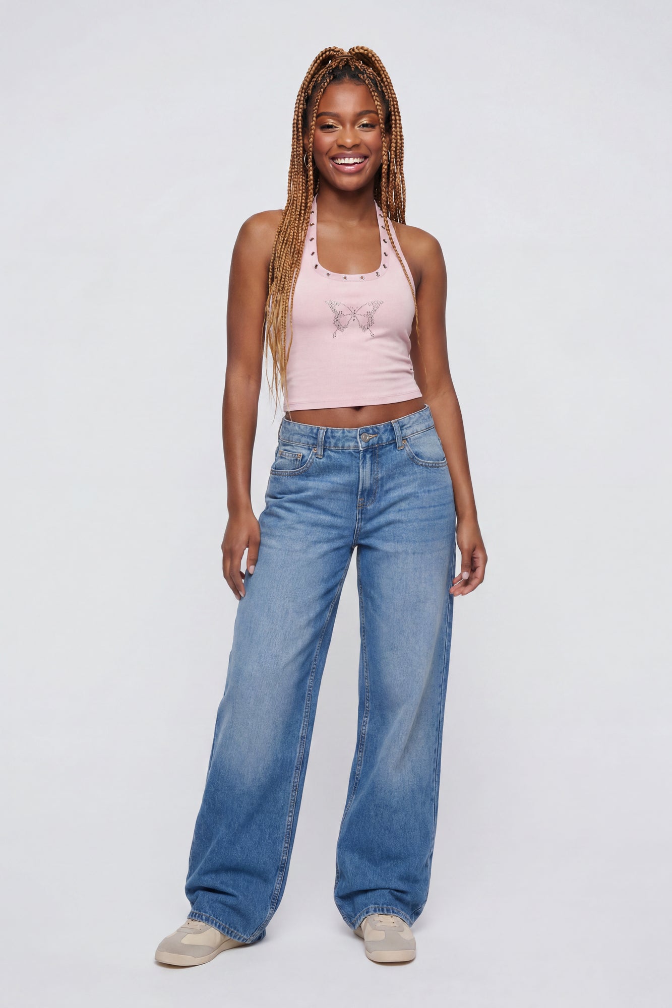 Graphic Grommet Trim Halter Top