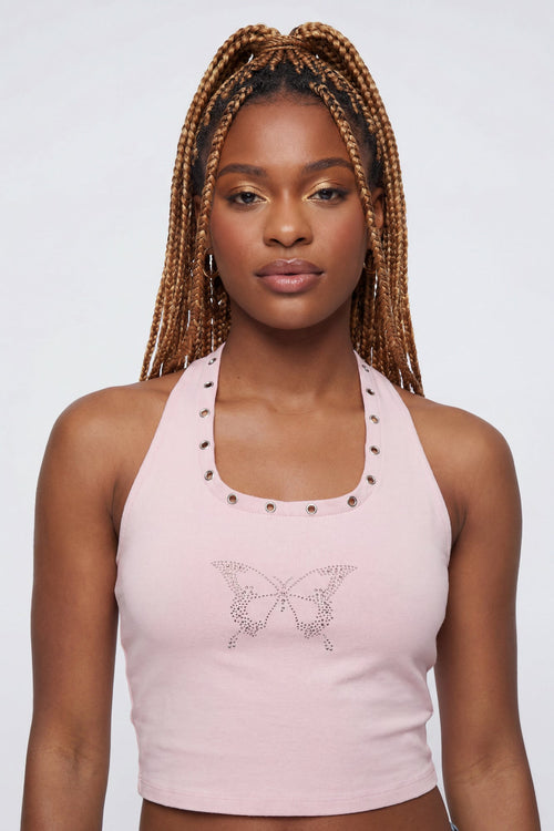 Graphic Grommet Trim Halter Top