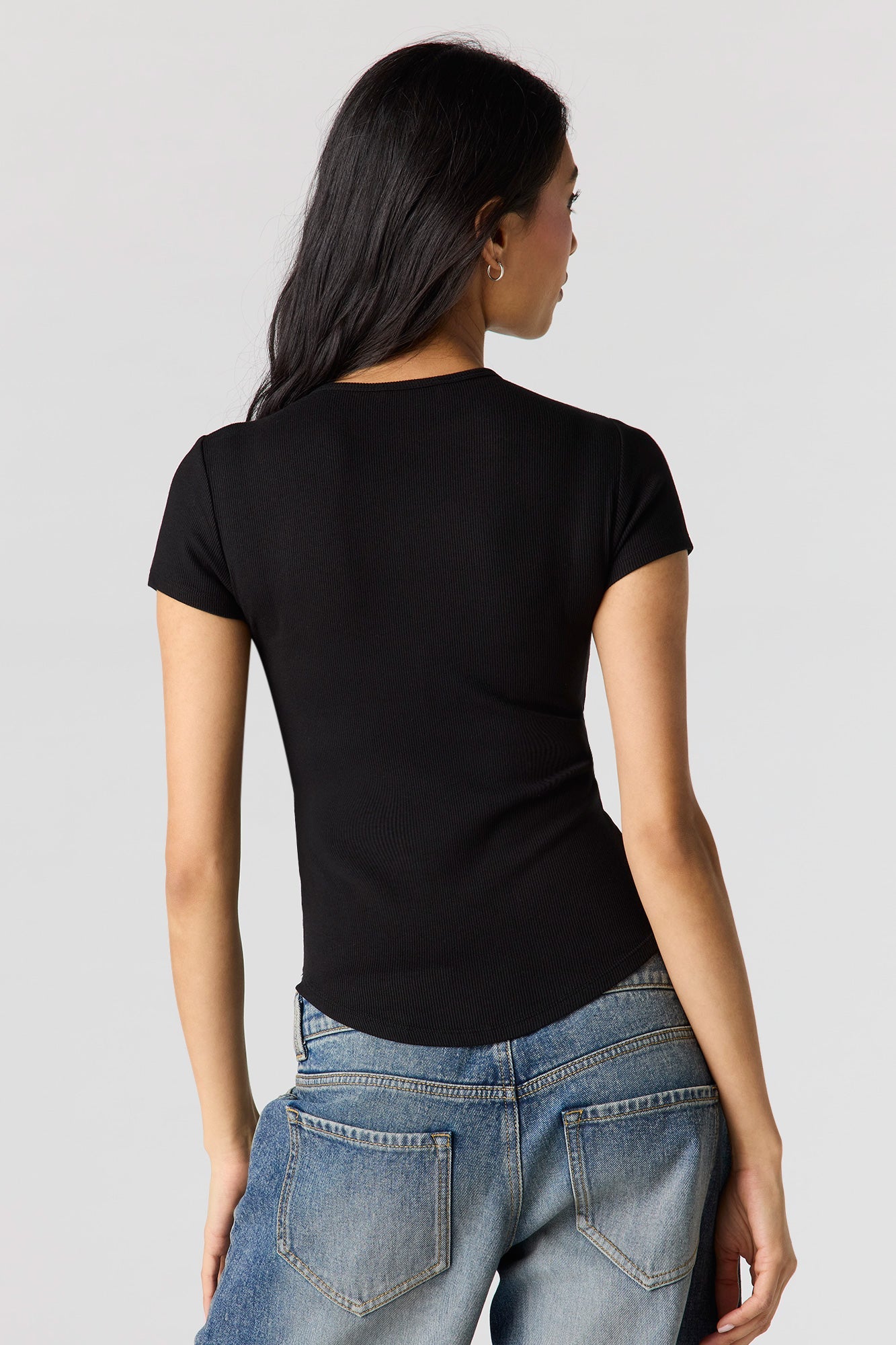 Ribbed Curved Hem T-Shirt