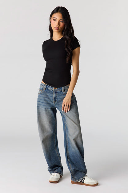 Ribbed Curved Hem T-Shirt