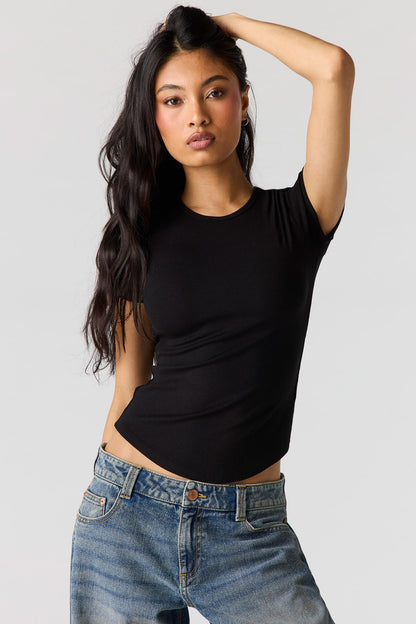 Ribbed Curved Hem T-Shirt