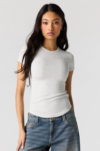 Ribbed Curved Hem T-Shirt