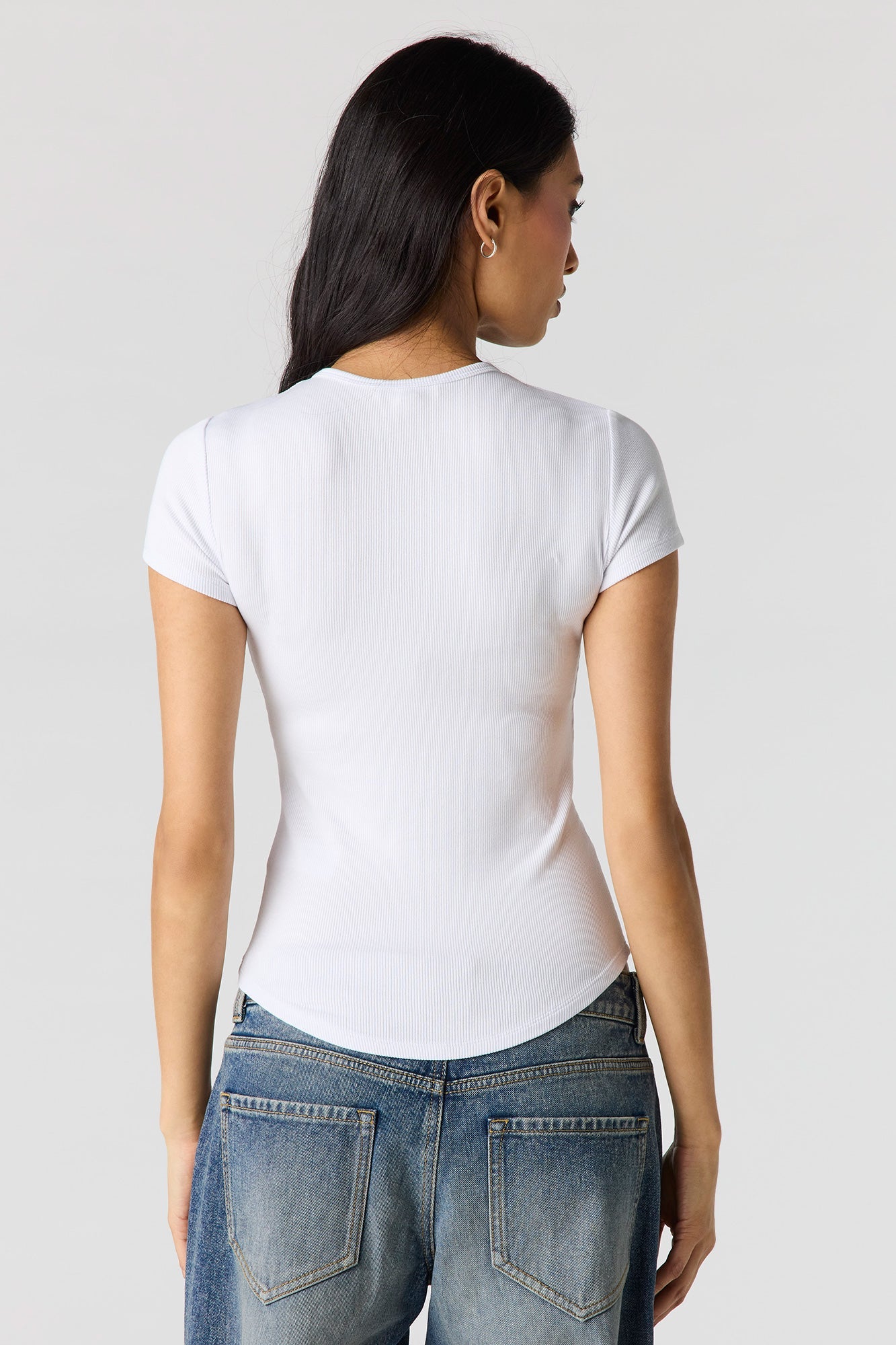 Ribbed Curved Hem T-Shirt