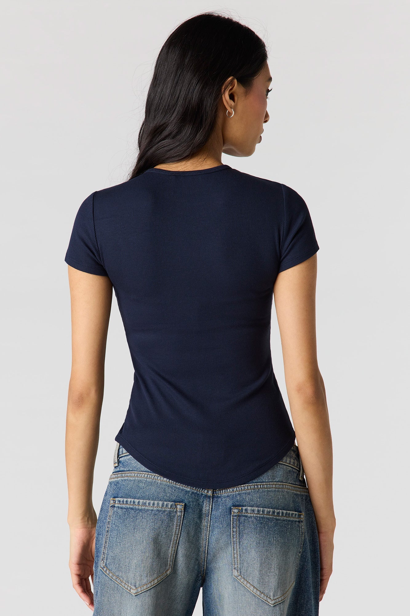 Ribbed Curved Hem T-Shirt