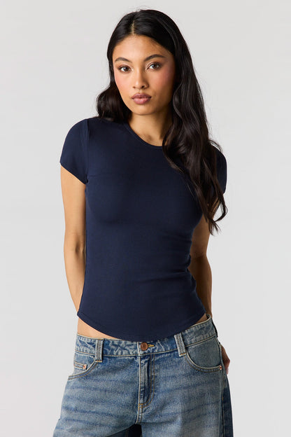 Ribbed Curved Hem T-Shirt