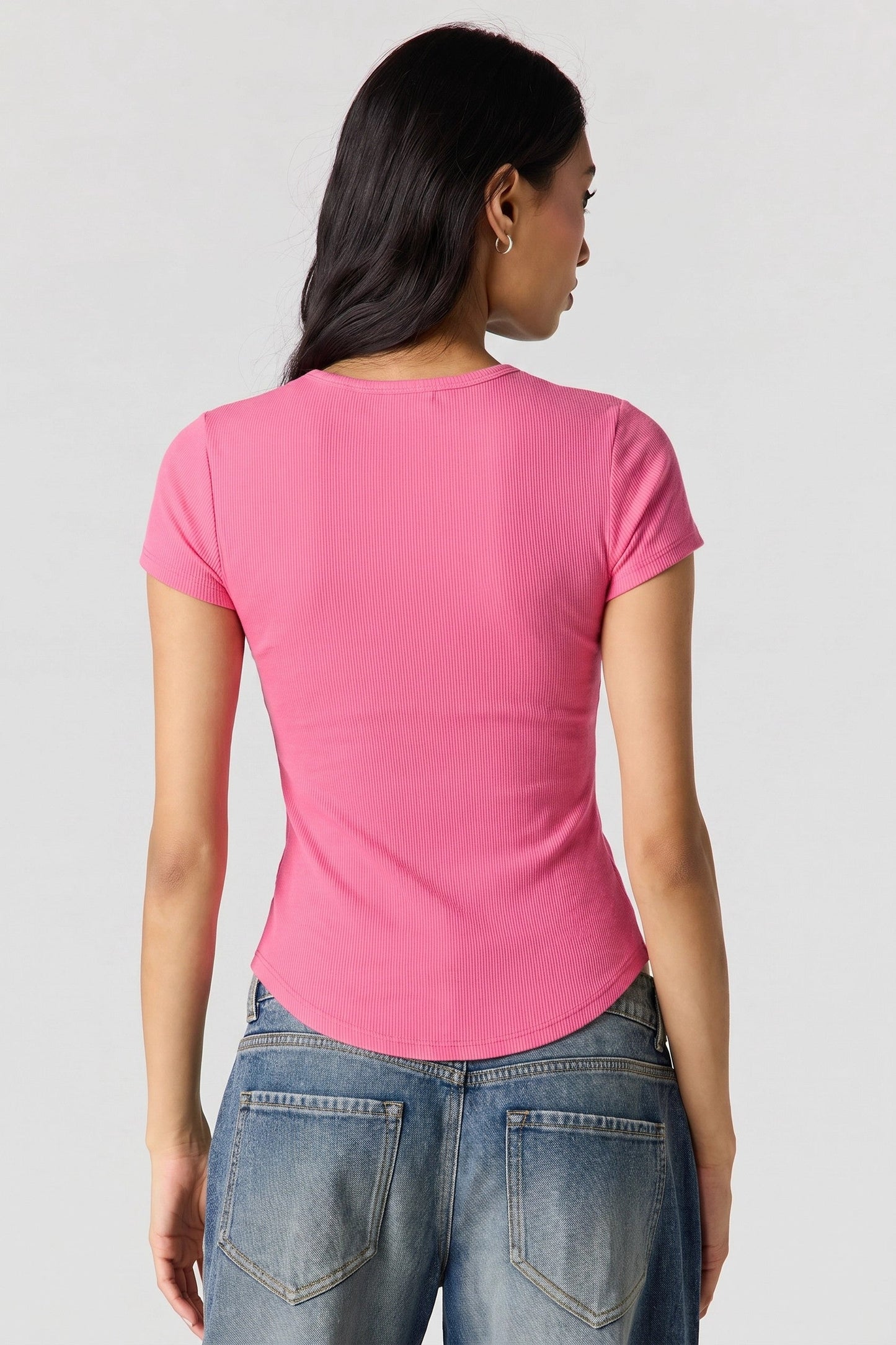 Ribbed Curved Hem T-Shirt