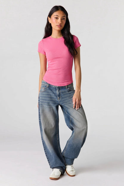 Ribbed Curved Hem T-Shirt