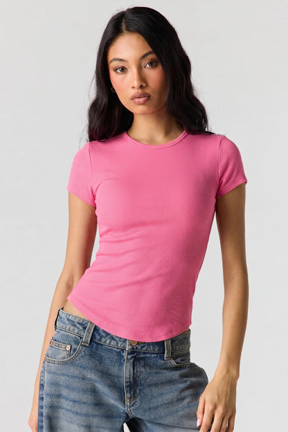 Ribbed Curved Hem T-Shirt