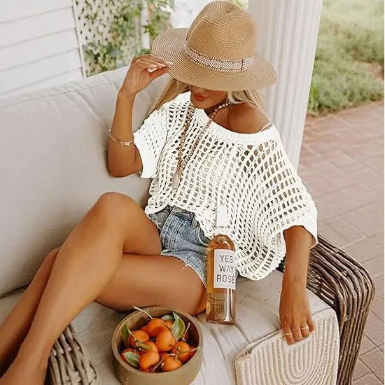 Women’s Lightweight Crochet Short Sleeve Sweater – Loose Hollow-Out Summer Top