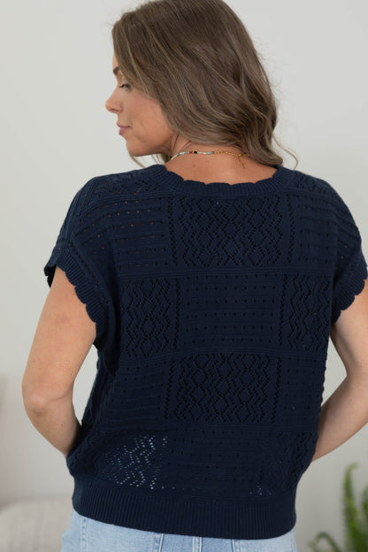 Button Down Scallop Trim Knit Cardigan