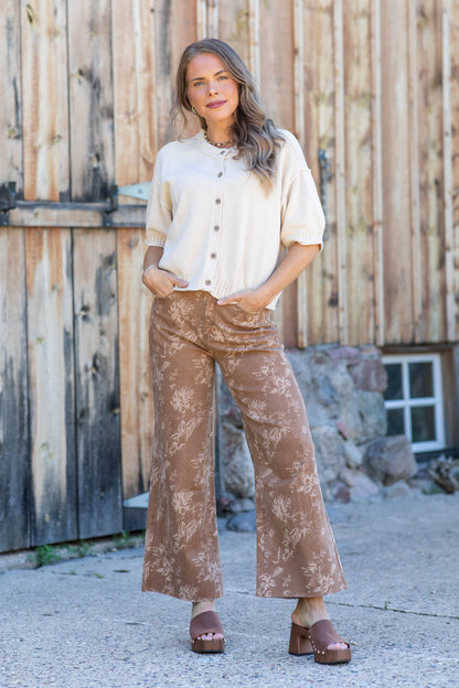 Camel All-Over Floral Print Wide Leg Jeans