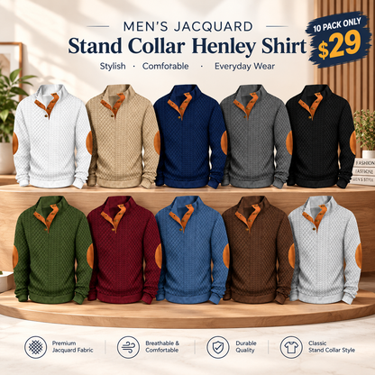Men’s Jacquard Henley Shirt – Stylish Stand Collar with Textured Pattern