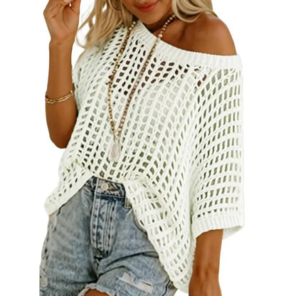 Women’s Lightweight Crochet Short Sleeve Sweater – Loose Hollow-Out Summer Top